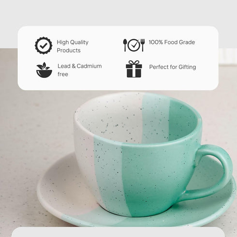 TT Green Ceramic Cup with Saucer Set of 2 (250ML) - The Earth Store - Cup Sets